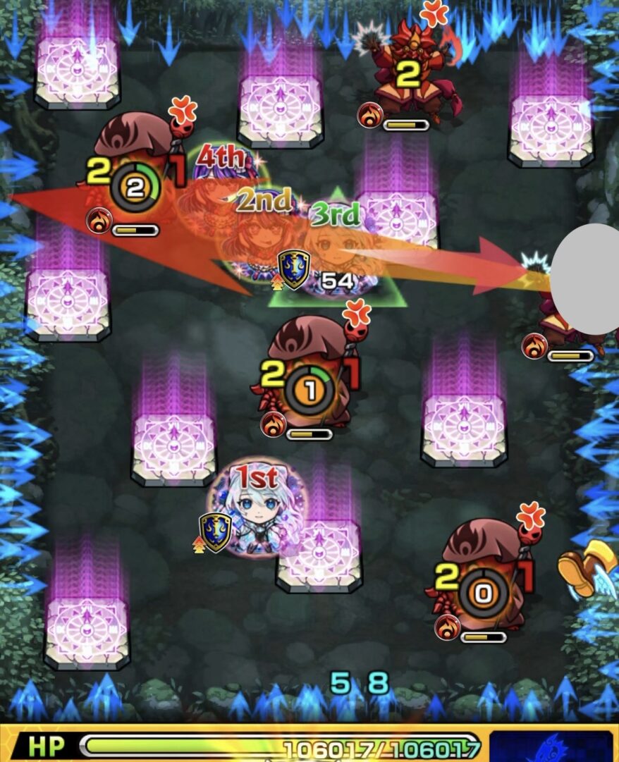 ステージ2の2手目で右の魔導士にエレメントショットを設置し、魔導士2体を処理しながらゾンビのカウントを稼いだ場面