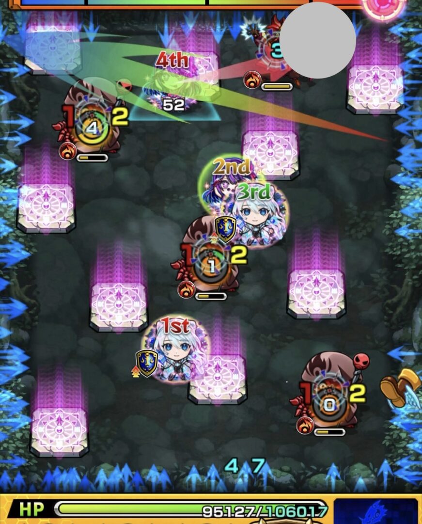 ステージ2の3手目で魔導士にエレメントショットを設置し、上のゾンビを一度倒すも相互蘇生で復活した場面