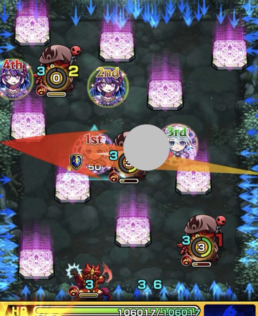 ステージ2の4手目で中央のゾンビにエレメントショットを設置し、一度撃破するも相互蘇生で復活した場面