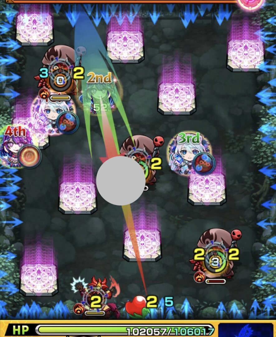 ステージ2の5手目で中央のゾンビにエレメントショットを設置し、下のゾンビ2体と魔導士を同時処理した場面