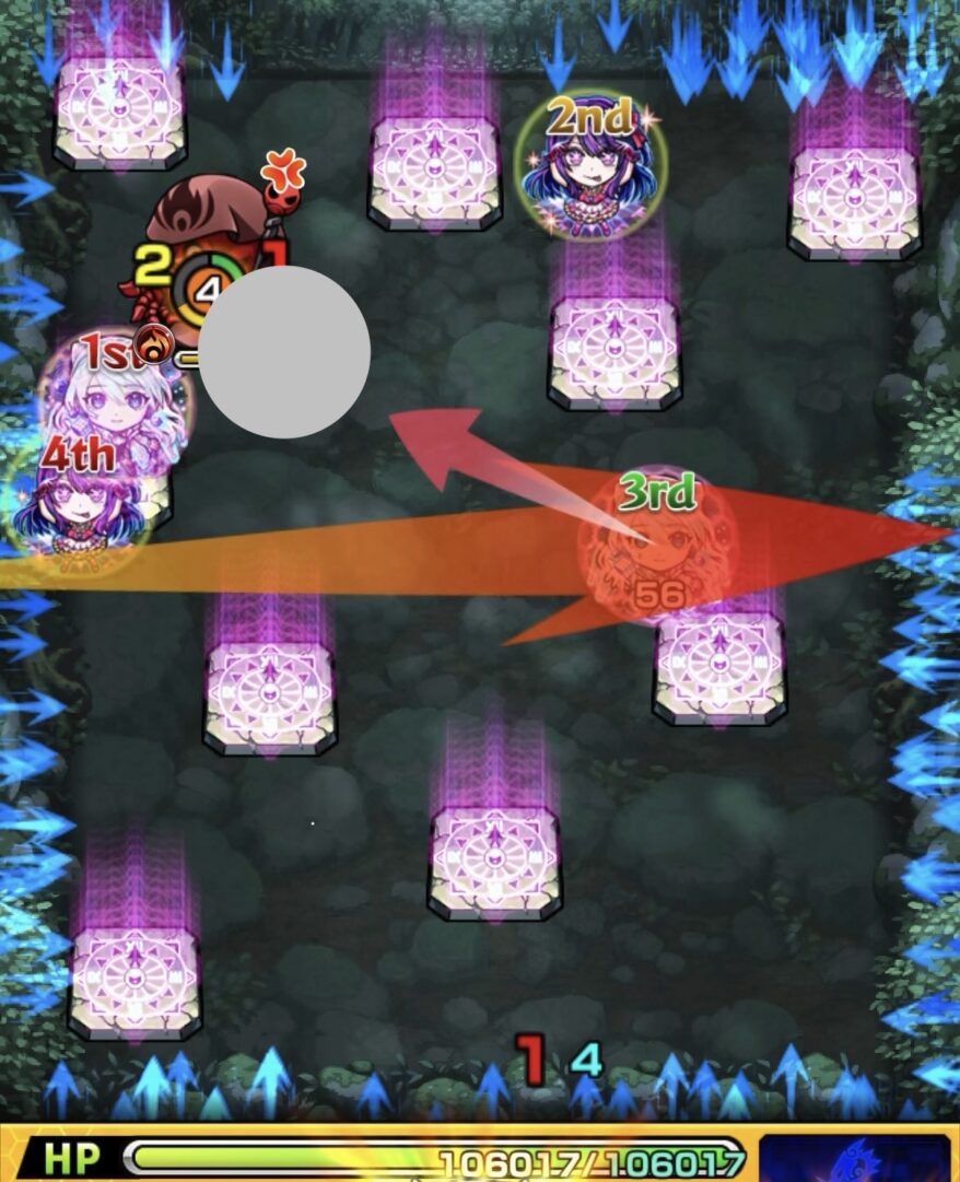 ステージ2の6手目で残ったゾンビにエレメントショットを設置し、友情と直殴りで撃破して突破した場面