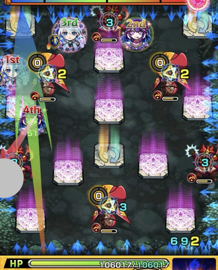 ステージ3の1手目で左の魔導士にエレメントショットを設置し、魔導士を処理しながら上のハンシャインのカウントを10まで上げた場面