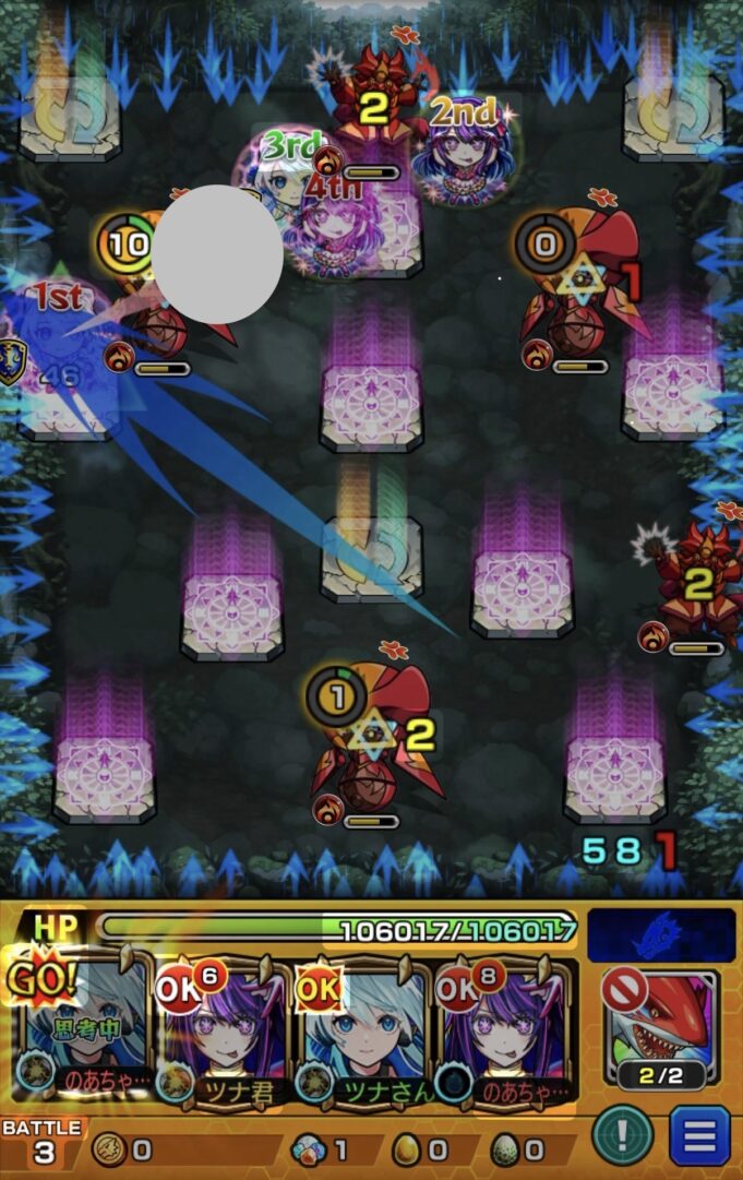 ステージ3の2手目でネオのSSを使用し、上のハンシャインと魔導士を処理しながら残りのハンシャインのカウントを進めた場面