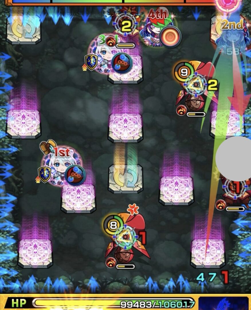 ステージ3の3手目で攻撃ターン1の右の魔導士にエレメントショットを設置し、魔導士と下のハンシャインを同時処理した場面