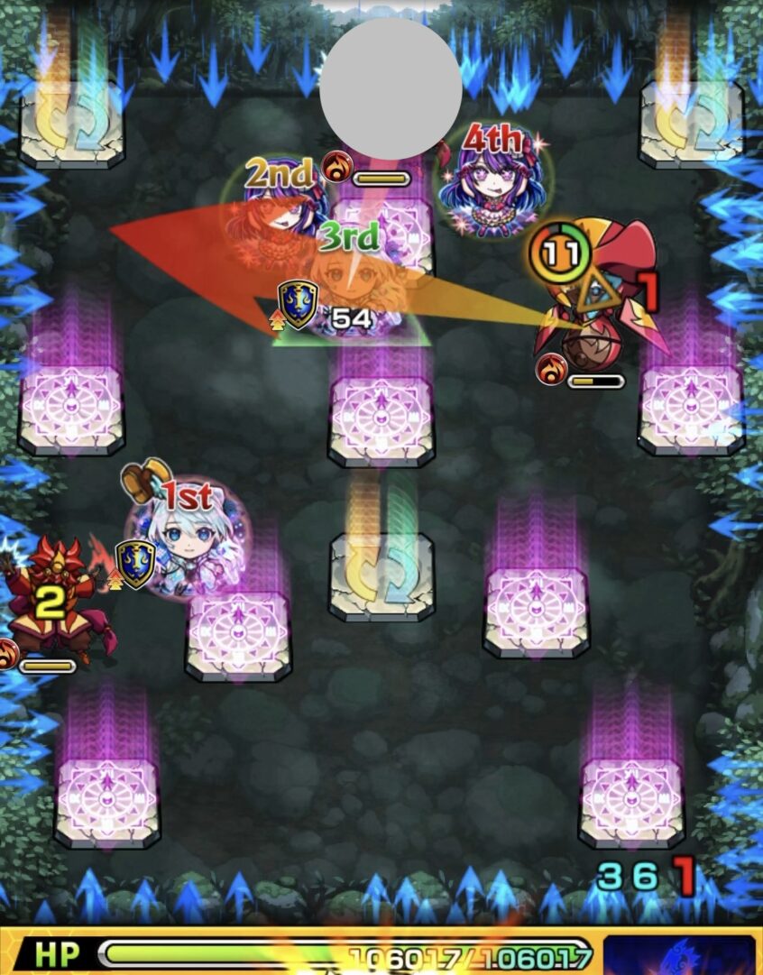 ステージ3の4手目で攻撃ターン1の上の魔導士にエレメントショットを設置し、確実に処理した場面