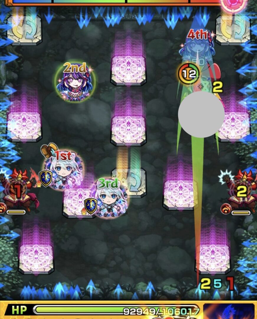 ステージ3の5手目でカウント12まで上げたハンシャインにエレメントショットを設置し、撃破して突破した場面