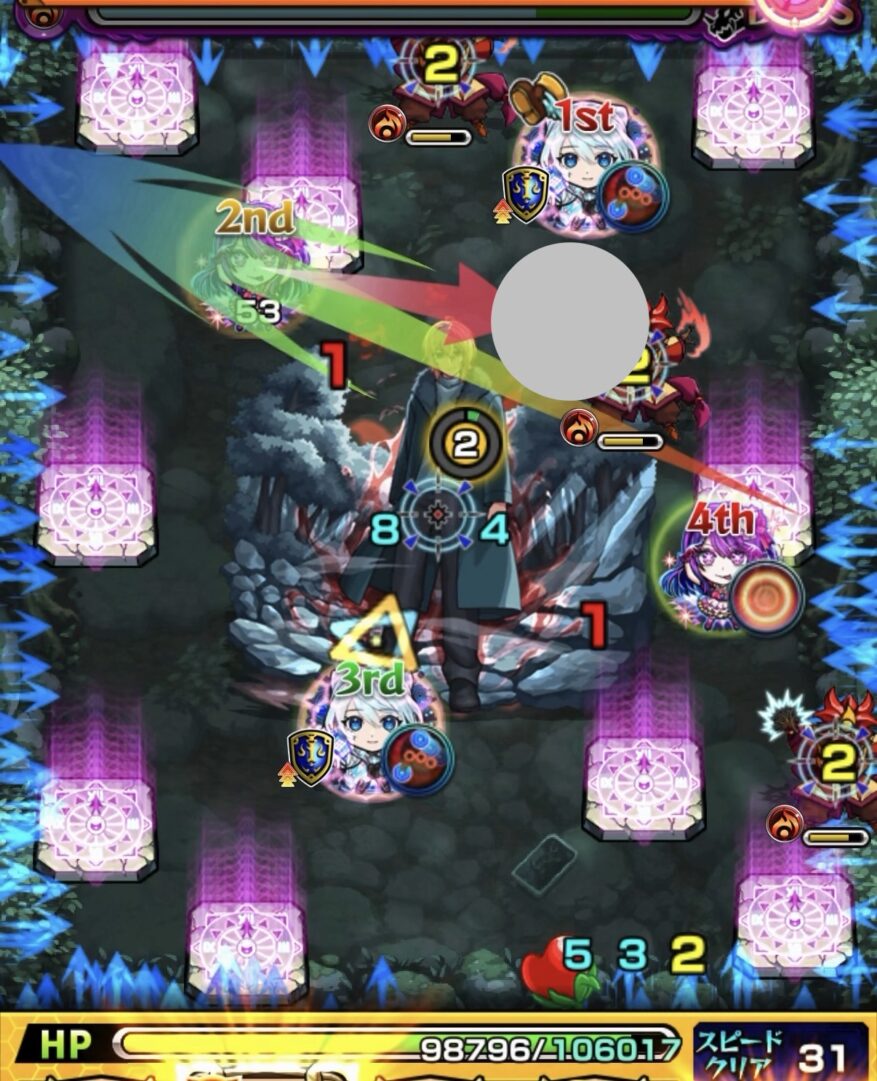 ボス1の2手目で右上の魔導士にエレメントショットを設置し、上側の魔導士2体を同時処理した場面