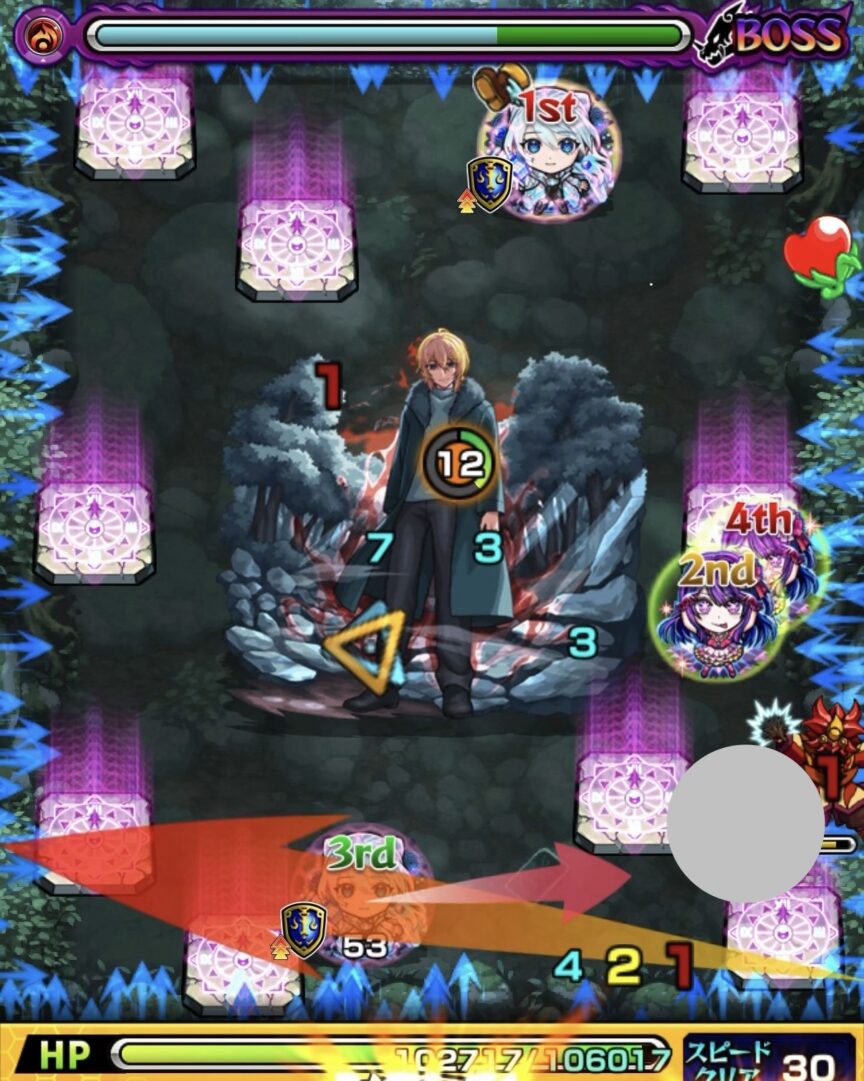 ボス1の3手目で攻撃ターン1の右側魔導士にエレメントショットを設置し、処理した場面