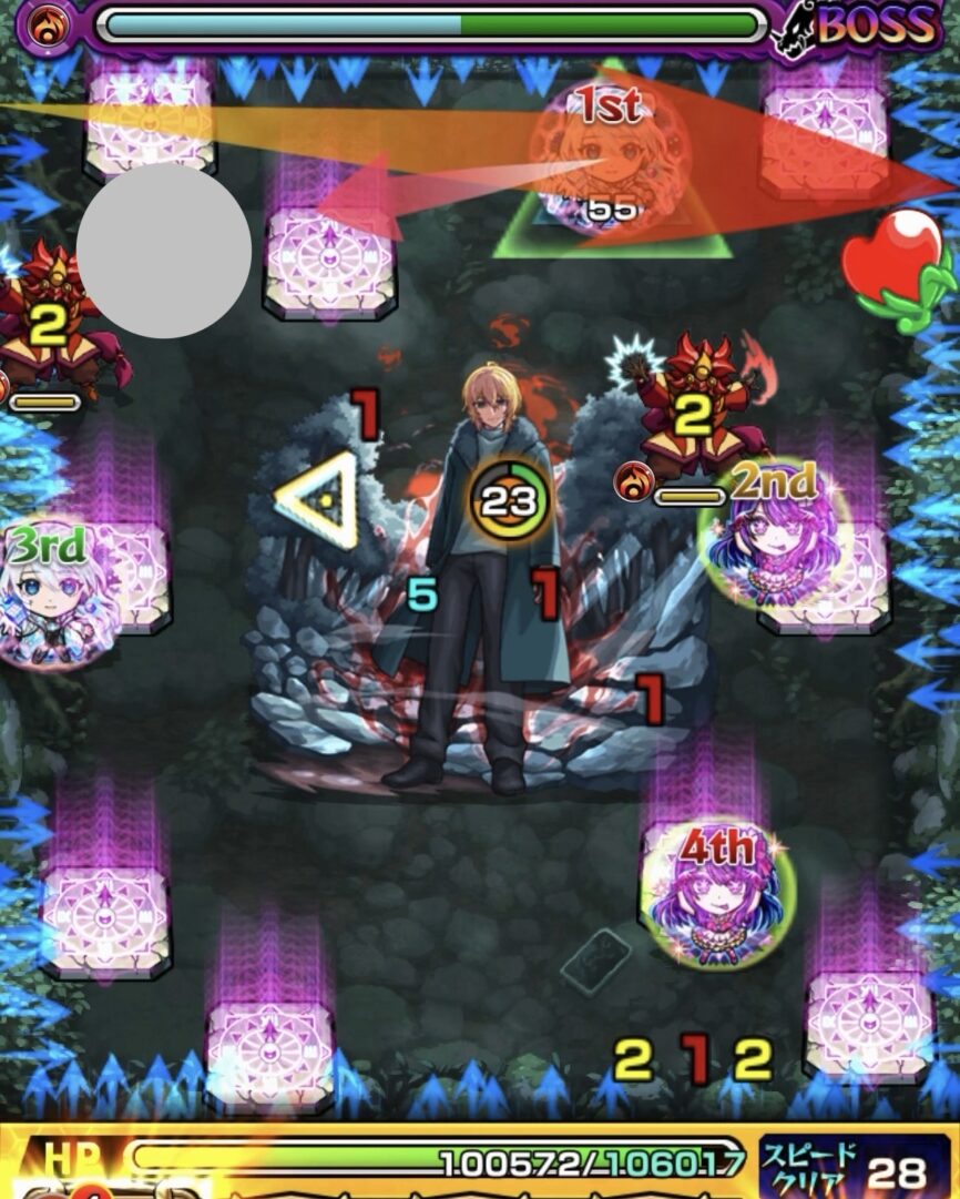 ボス1の5手目で左の魔導士にエレメントショットを設置し、ボスのカウントを上げながら魔導士を処理した場面