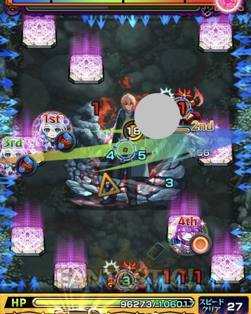 ボス1の6手目で攻撃ターン1の右側魔導士にエレメントショットを設置し、処理した場面