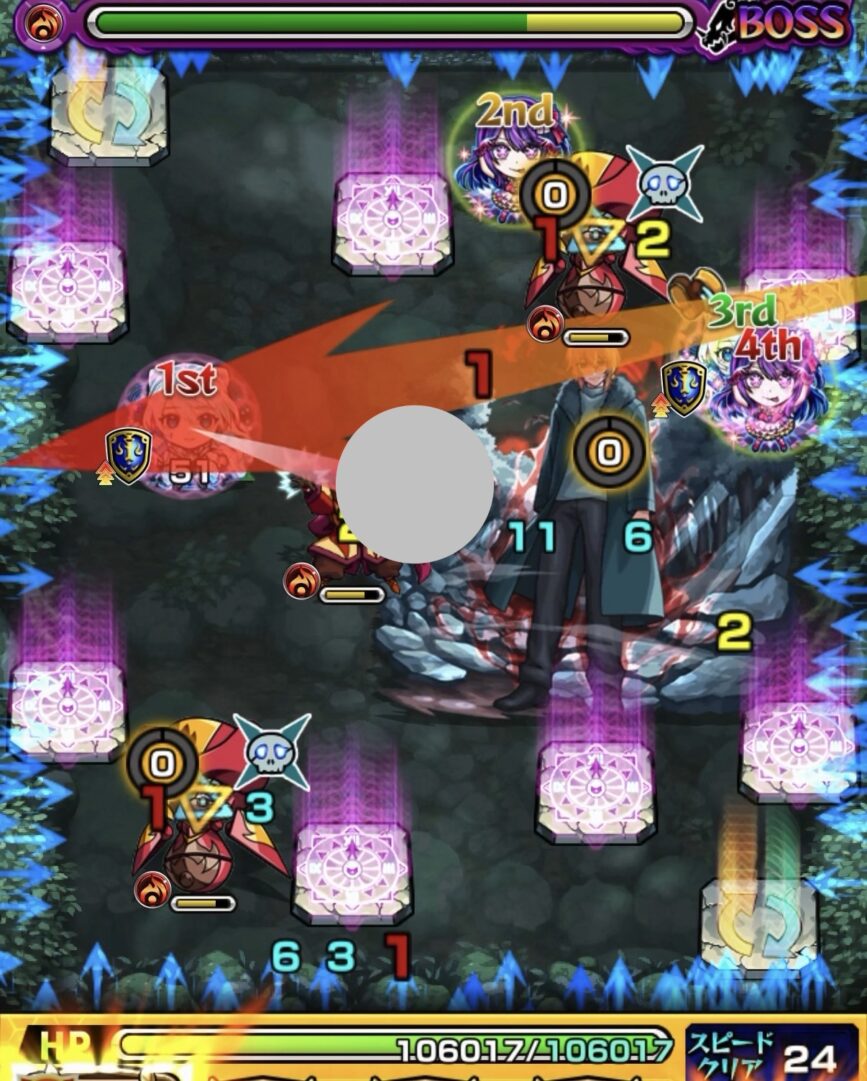 ボス2の1手目で魔導士にエレメントショットを設置し処理、下のハンシャインのカウントを6まで上げた場面