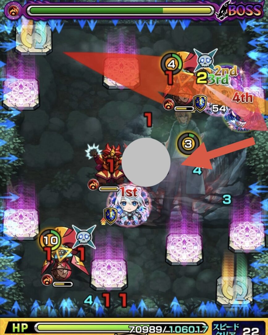 ボス2の3手目で攻撃ターン1の魔導士にエレメントショットを設置し、処理した場面