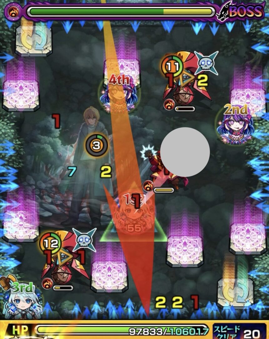 ボス2の5手目で攻撃ターン1の魔導士にエレメントショットを設置し、魔導士と上側ハンシャインを処理した場面