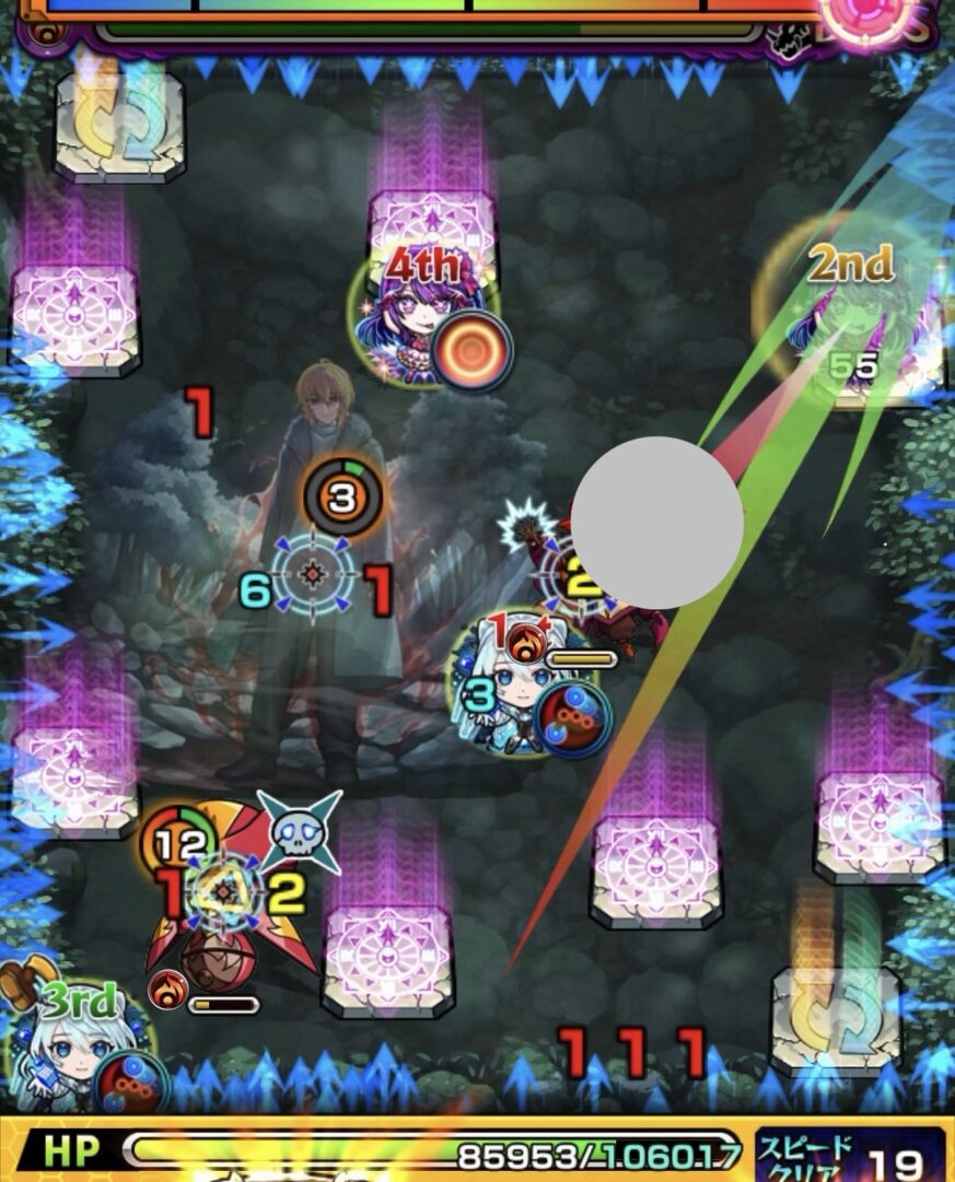 ボス2の6手目で魔導士にエレメントショットを設置し友情で攻撃するも、下側ハンシャインのHPがわずかに残った場面