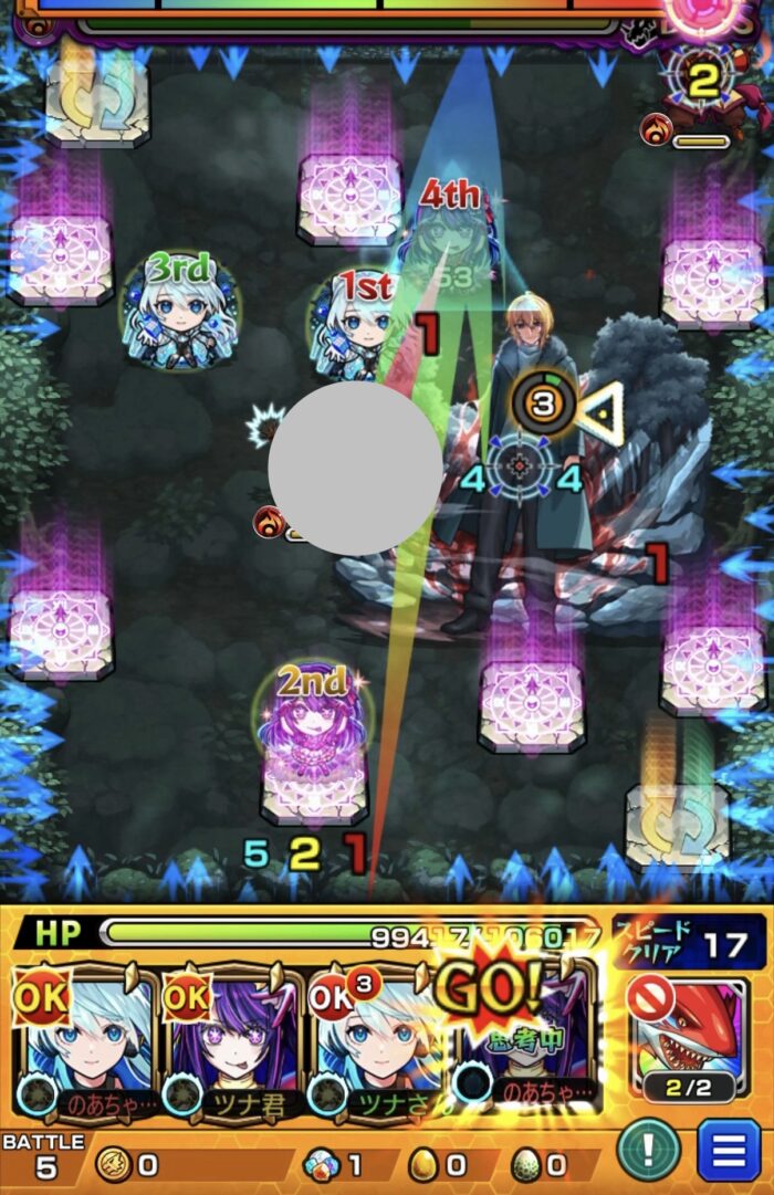 ボス2の8手目で魔導士にエレメントショットを設置し、アイのSSでボスのHPを削り切って突破した場面