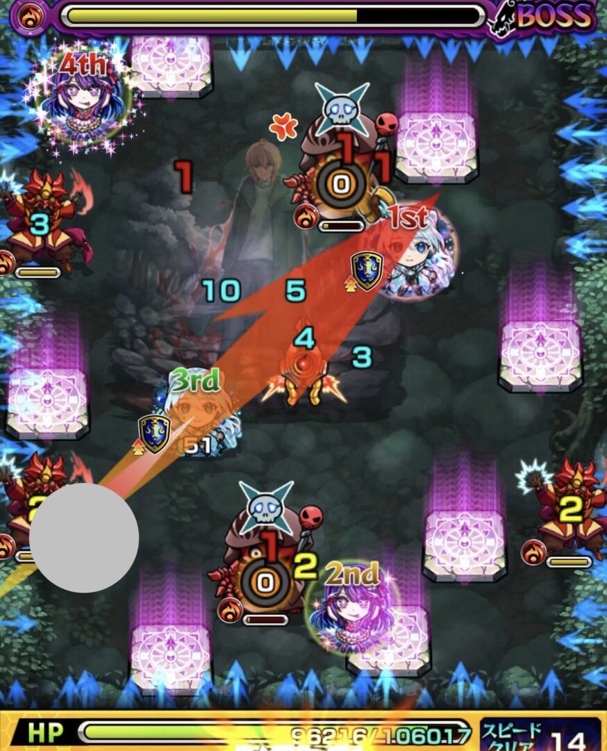 ボス3の3手目で左下魔導士にエレメントショットを設置し、左側魔導士2体と下ゾンビを同時処理した場面