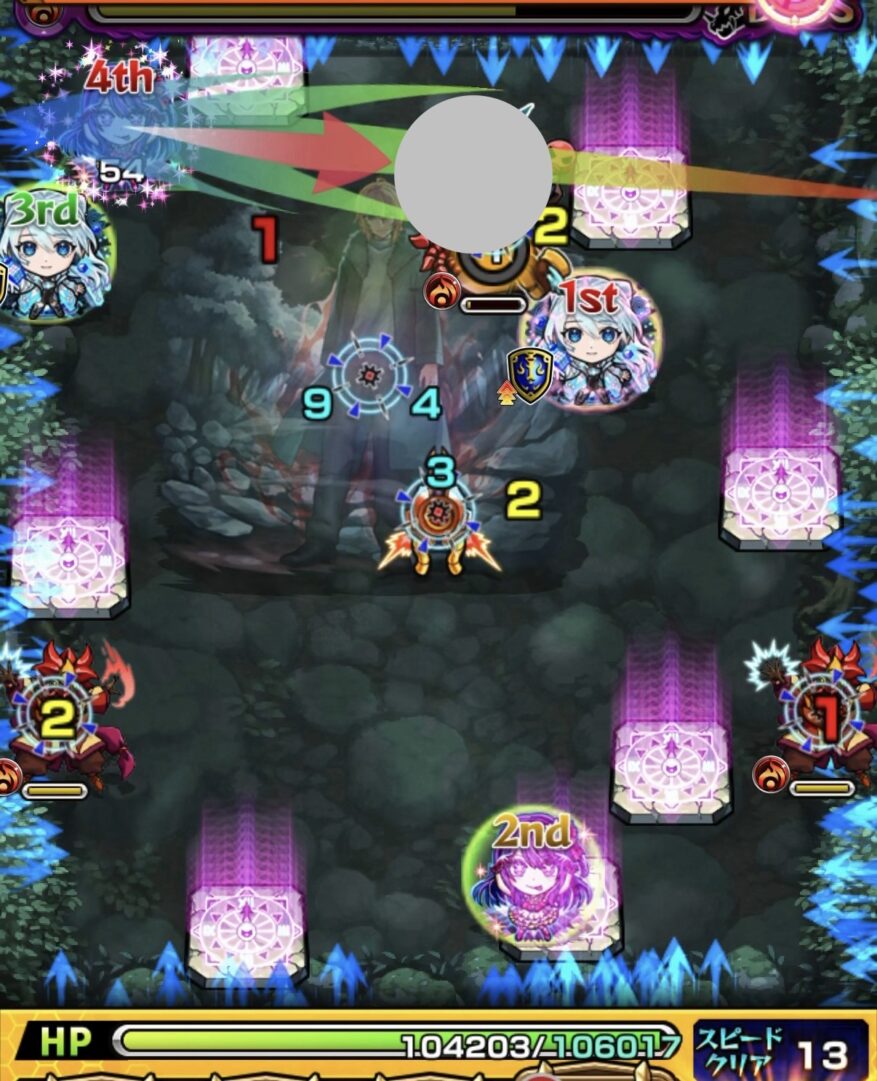 ボス3の4手目で上のゾンビにエレメントショットを設置して処理し、クロスドクロ発動でボスが実体化して弱点が出現した場面