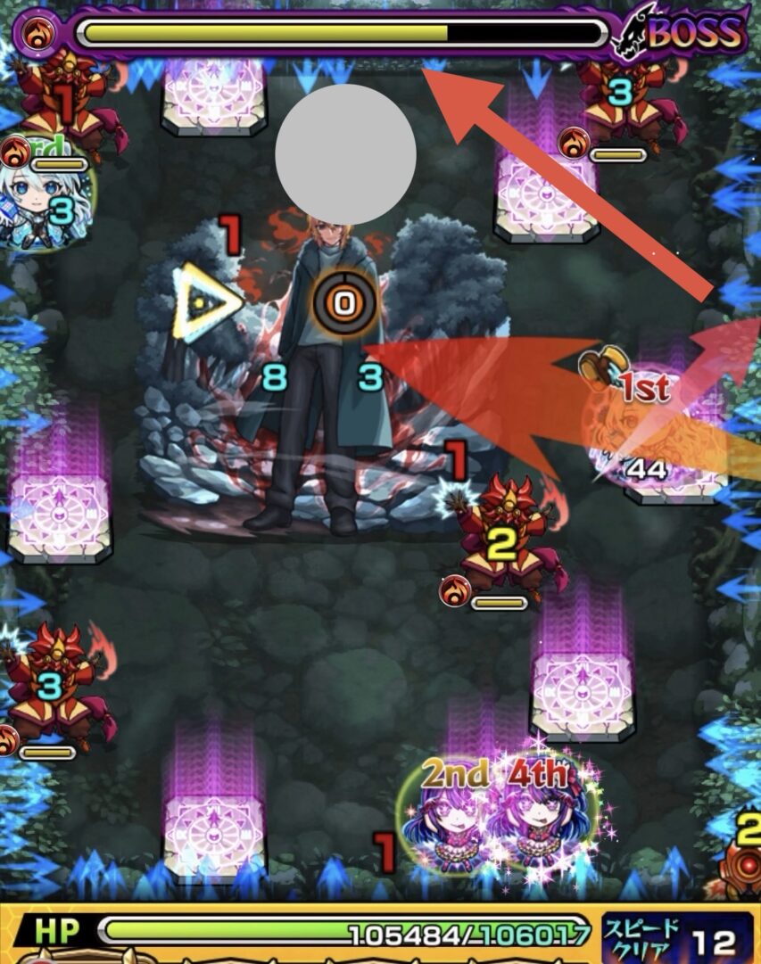 ボス3の5手目でボス上部にエレメントショットを設置し、想定と異なり右側ゾンビ2体を処理した場面