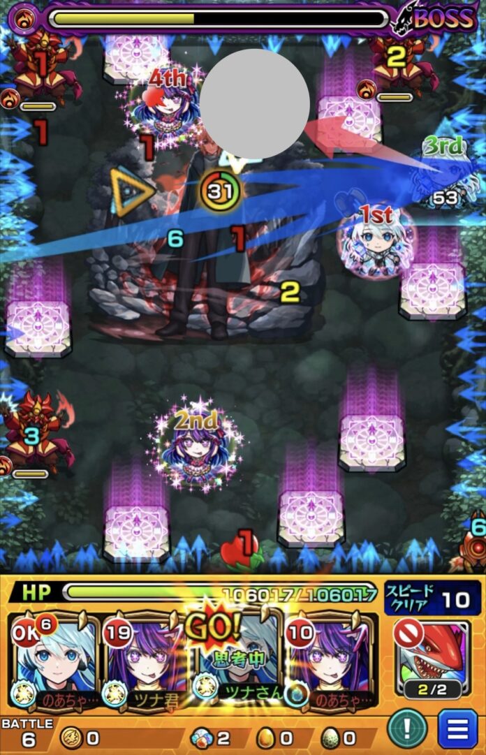 ボス3の7手目でネオのSSを使用し、ボス上部にエレメントショットを設置して魔導士とボスにダメージを与え撃破した場面