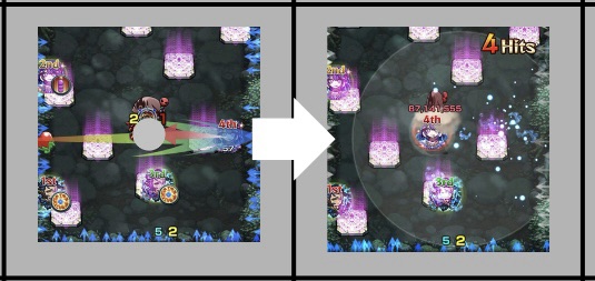 超究極カミキヒカル(願い)のエレメントショット設置から攻撃までの流れ解説画像。エリア展開後に敵を攻撃する立ち回りを示した図。