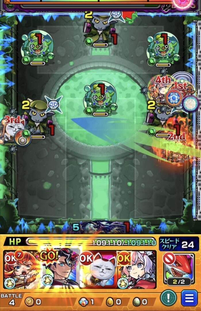 ボス1の1手目。モンテ・クリストのSSを使用し、敵に多く触れて攻撃力アップバフを付与。ゾンビ2体とぷよリン3体を処理するも、ランダム蘇生によりゾンビ1体が復活した場面。