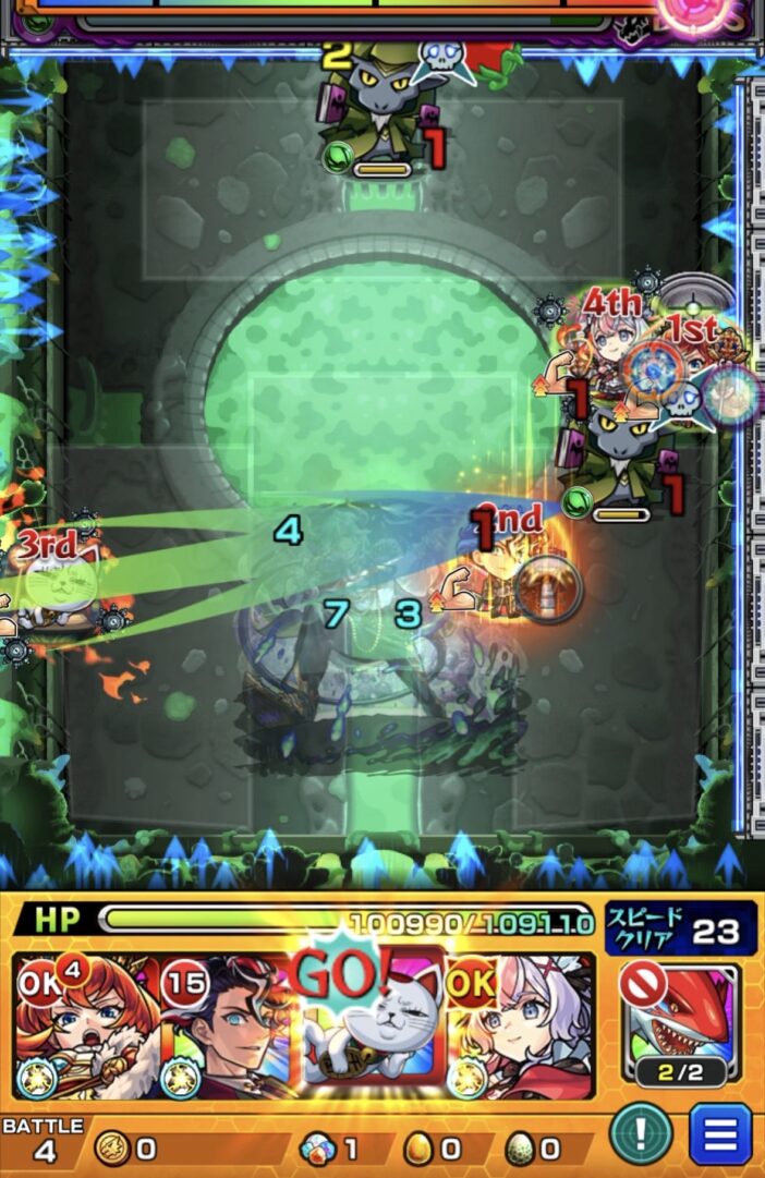 ボス1の2手目。ターボババアのSSを使用し、エレメントエリア内からゾンビ2体を同時処理。クロスドクロ発動によりボスが実体化し、弱点が出現した場面。