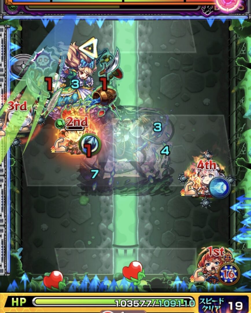 ボス2の2手目。上壁反射でエレメントエリア内からポルターガイストを処理し、ドクロ効果でボスが実体化して弱点が出現した場面。