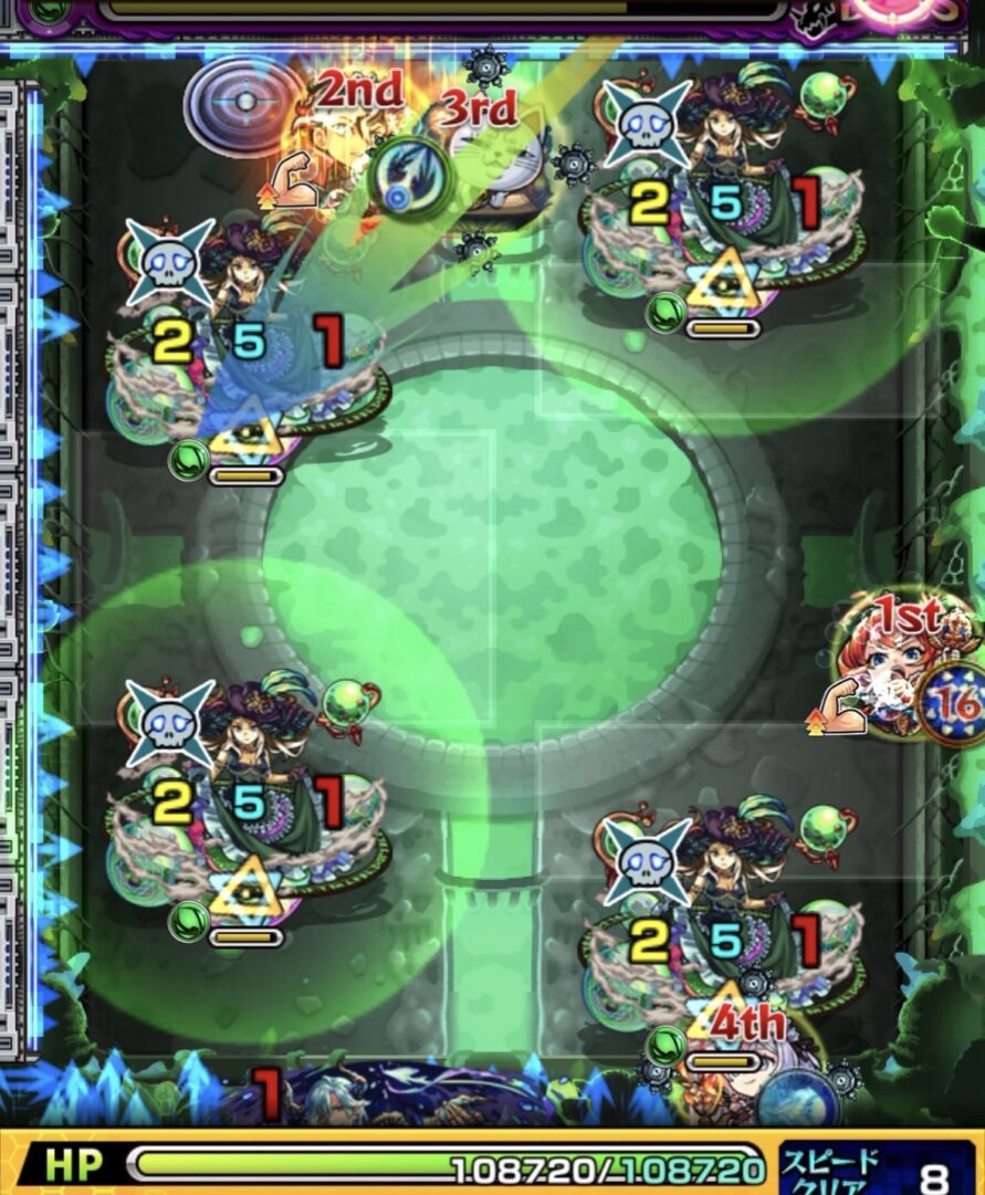 ボス3の1手目。相互蘇生するダ・ヴィンチの弱点を攻撃し、右下の弱点を上側のエレメントエリア内へ移動させた場面。