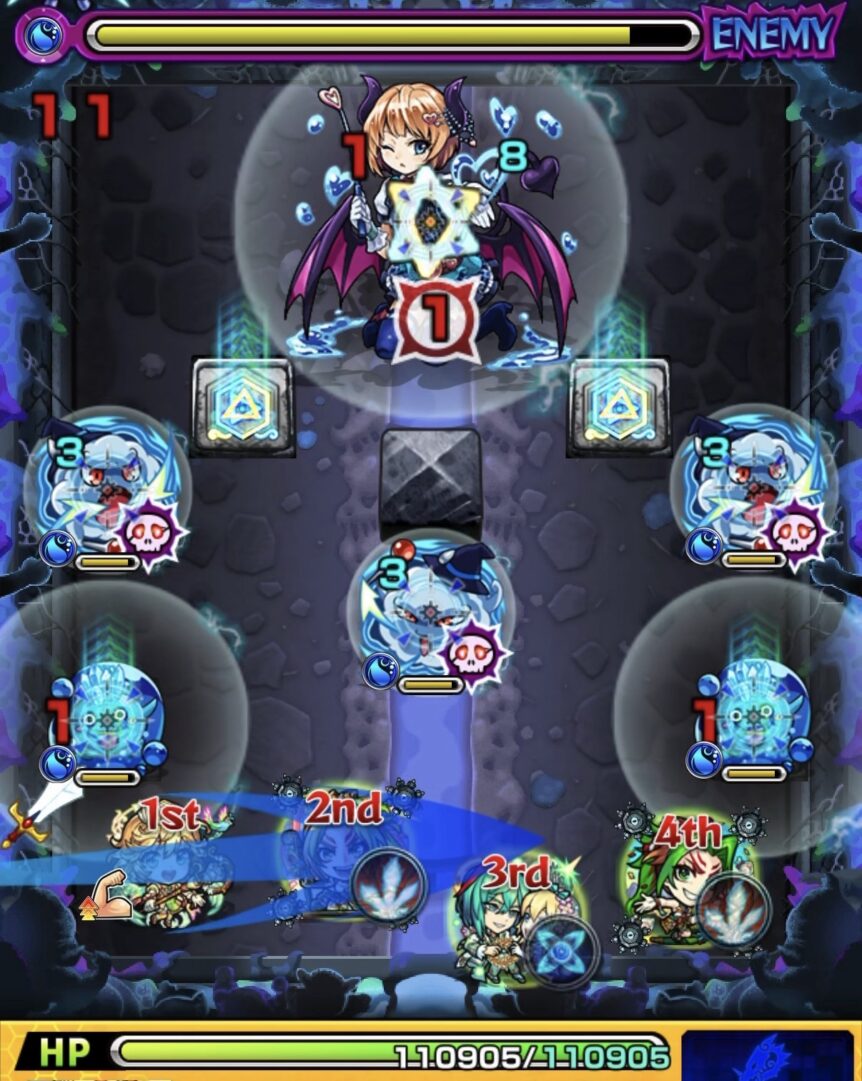 超究極ルビカンテのステージ1。中ボス下のマス目ショットガンを避けながらスーを残してぷよリン2体を処理した場面のスクリーンショット。