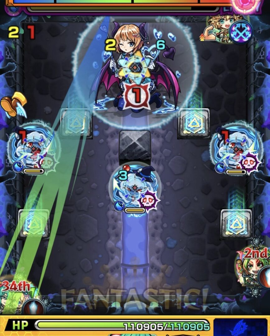 超究極ルビカンテのステージ1。フーを倒すルートで弾いて中ボスに大ダメージを与えるも、最後にスーを倒して味方が集まりショットガン攻撃を受けてしまった場面のスクリーンショット。