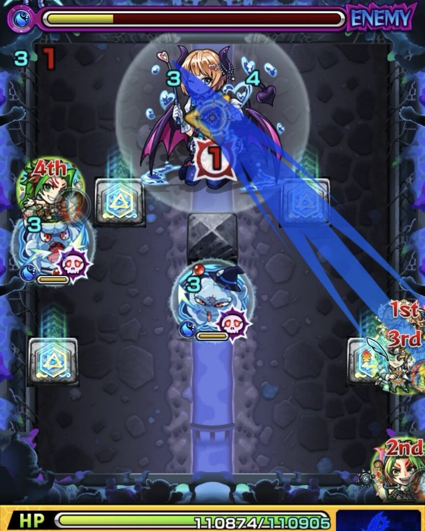 超究極ルビカンテのステージ1。中ボス下のショットガン攻撃を警戒しながらフーを最後に倒すルートで弾き、中ボスにダメージを与えた場面のスクリーンショット。