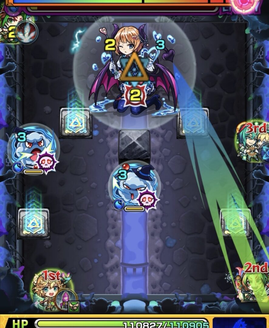 超究極ルビカンテのステージ1。弱点攻撃力アップパネルを踏んで中ボスの弱点を攻撃し、HPを削り切ってステージ1を突破した場面のスクリーンショット。