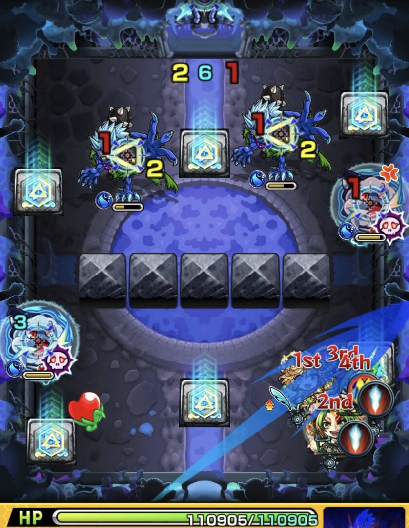 超究極ルビカンテのステージ2。弱点攻撃力アップパネルを踏んで鬼2体を同時に攻撃し、処理してステージ2を突破した場面のスクリーンショット。