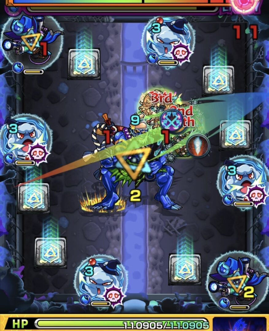 超究極ルビカンテのステージ3。弱点攻撃力アップパネルを踏みながらガンマンを攻撃し右下のガンマンを処理するも、最後にフーを倒して味方が吹き飛ばされレーザー攻撃を受けた場面のスクリーンショット。