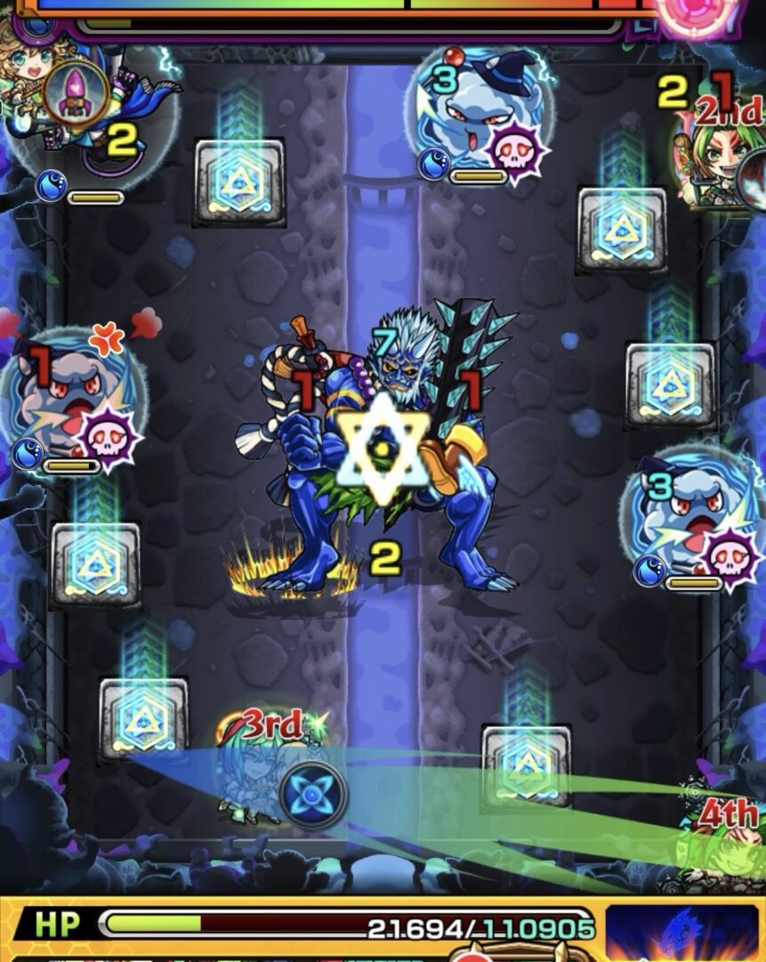 超究極ルビカンテのステージ3。弱点攻撃力アップパネルを複数踏んで大鬼の弱点を攻撃し、HPを削り切ってステージ3を突破した場面のスクリーンショット。