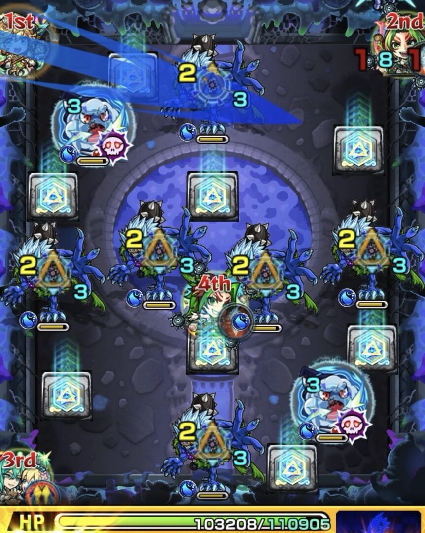 超究極ルビカンテのステージ4。鬼の集中爆発に備えて弱点攻撃力アップパネルを踏みながら鬼6体にダメージを与えて削った場面のスクリーンショット。