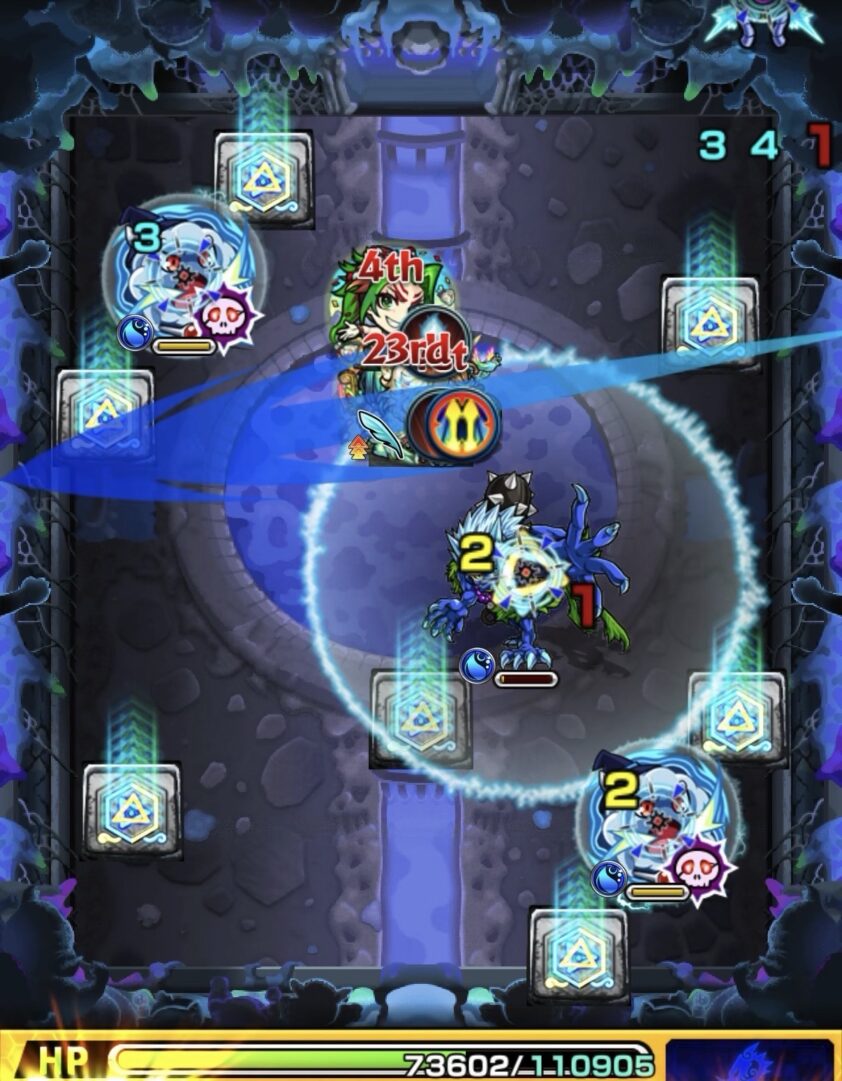 超究極ルビカンテのステージ4。弱点攻撃力アップパネルを踏んで残りHPわずかな鬼を攻撃し、処理してステージ4を突破した場面のスクリーンショット。