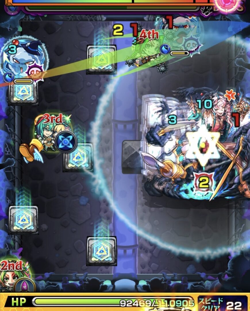 超究極ルビカンテのボス1。ボス右上の爆発攻撃を警戒し、フーを最後に倒して味方を散らして爆発を回避した場面のスクリーンショット。