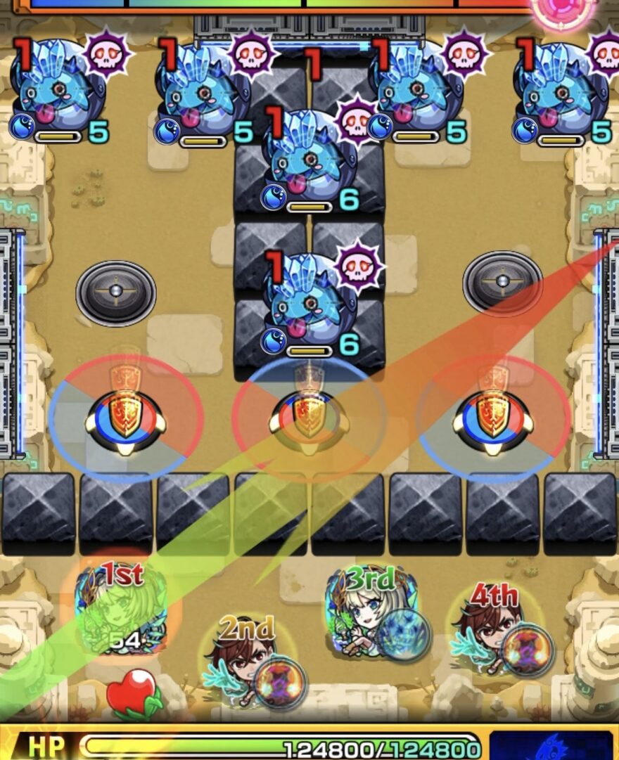 未開の砂宮拠点27ステージ1の1手目で回転パネルを赤で踏み、中央のかちリン2体の間に挟まって処理した場面