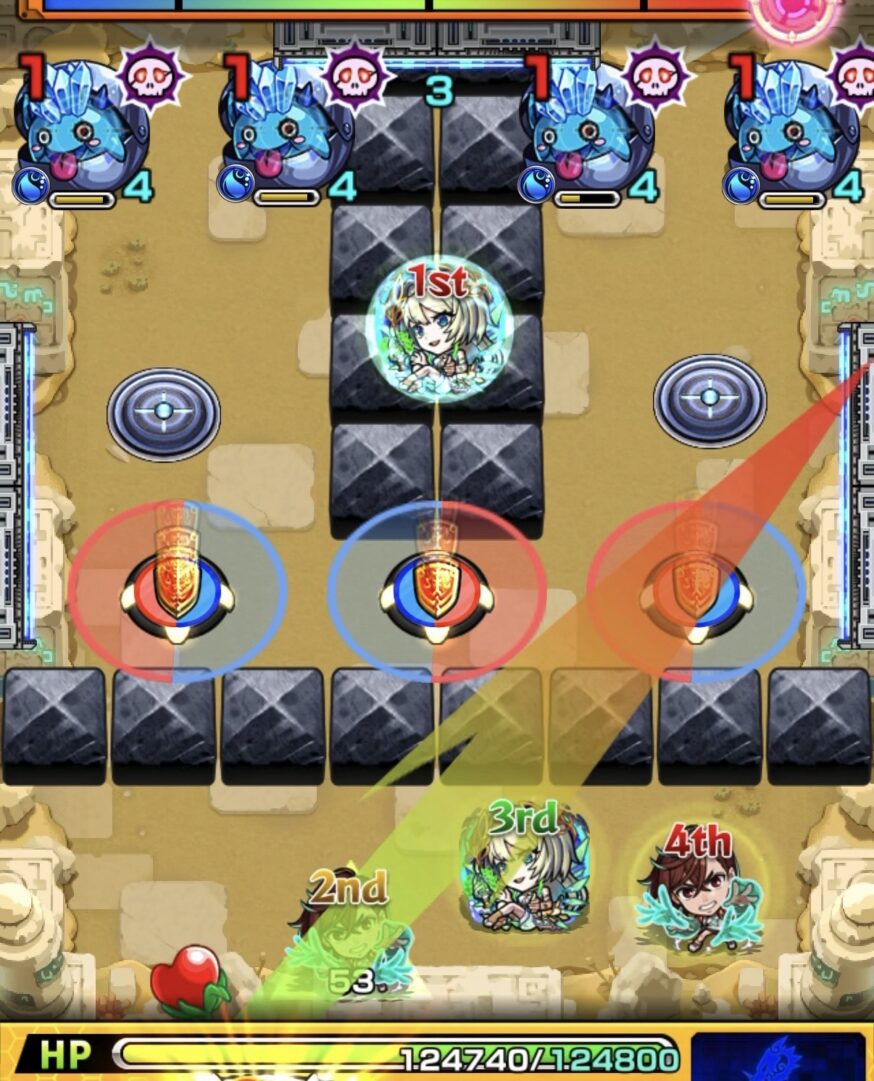 未開の砂宮拠点27ステージ1の2手目で回転パネルを赤で踏み、右上のかちリンを直殴りで処理した場面