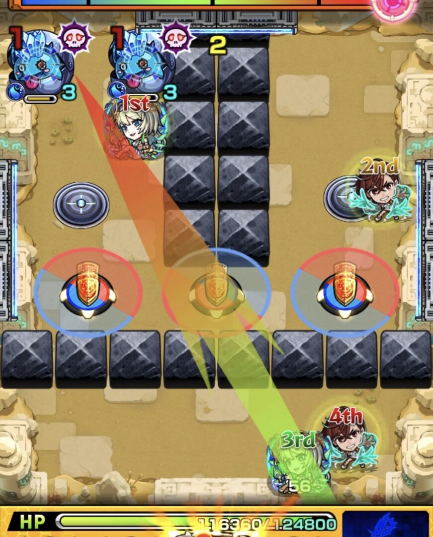 未開の砂宮拠点27ステージ1の3手目で回転パネルを赤で踏み、かちリンの間に挟まって処理しステージ1を突破した場面