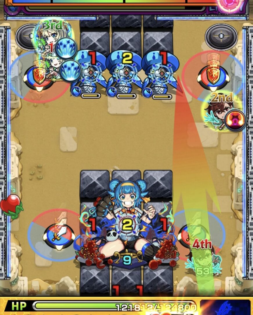 未開の砂宮拠点27ステージ2の1手目で剣パネルを赤で踏みハンシャイン2体を処理した場面