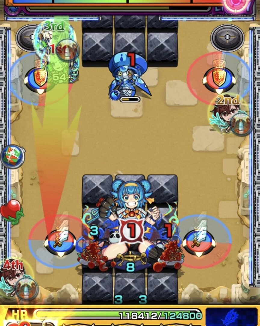 未開の砂宮拠点27ステージ2の2手目で盾パネルと剣パネルを赤で踏み、中ボスと下壁の間に入り大ダメージを与えた場面