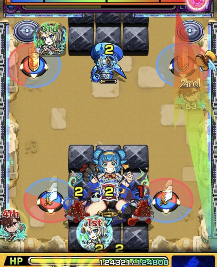 未開の砂宮拠点27ステージ2の3手目で剣パネルを赤で踏み、中ボスへ攻撃してダメージを与えた場面