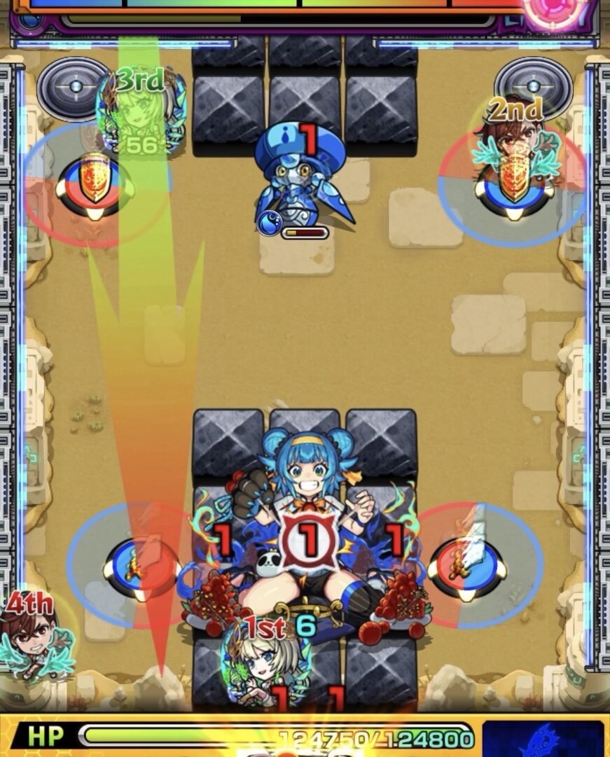 未開の砂宮拠点27ステージ2の4手目で盾パネルを青で踏んでしまい中ボスと下壁の間に入れず、ハンシャインを処理して約26000ダメージを受けた場面