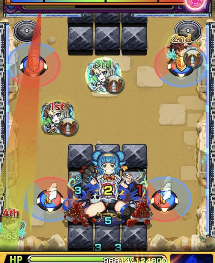 未開の砂宮拠点27ステージ2の5手目で剣パネルを赤で踏み中ボスと下壁の間に入り撃破した場面