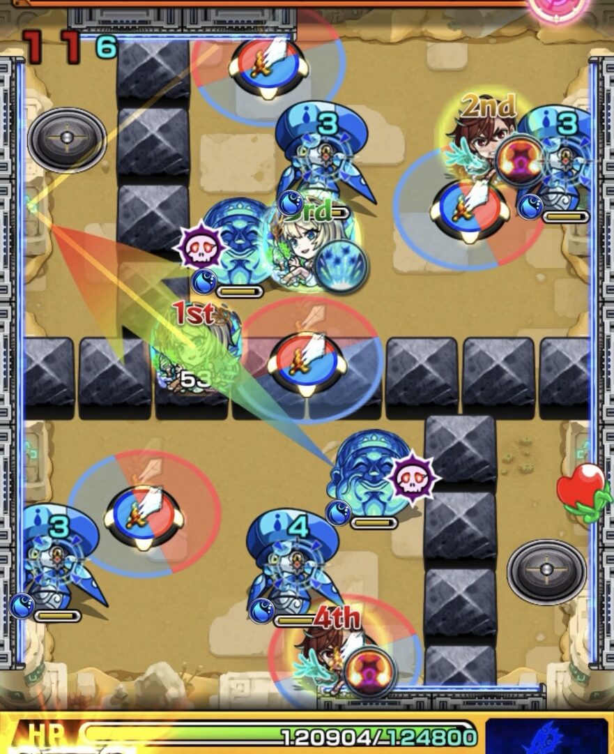 未開の砂宮拠点27ステージ3の1手目で剣パネルを赤で踏みハンシャイン2体を処理したが、お面を2体倒して約40000ダメージを受けた場面