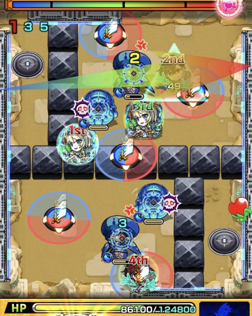 未開の砂宮拠点27ステージ3の2手目で剣パネルを赤で踏みハンシャイン1体を処理したが、お面を倒して約20000ダメージを受けた場面