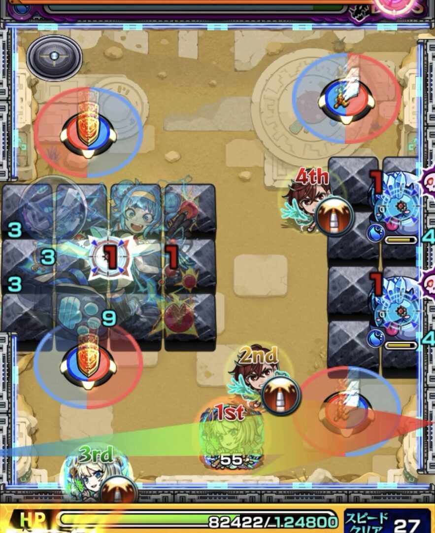 未開の砂宮拠点27ボス1の2手目で剣パネルと盾パネルを踏みかちリン2体を処理したが、盾パネルを青で踏みホーミングとクレッシェンドアタックのダメージを受けた場面