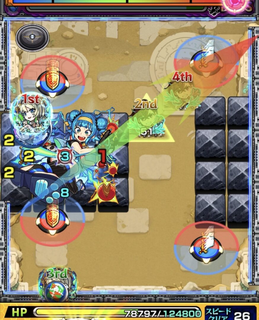 未開の砂宮拠点27ボス1の3手目で剣パネルを赤で踏み右角反射からボスを攻撃しダメージを与えた場面